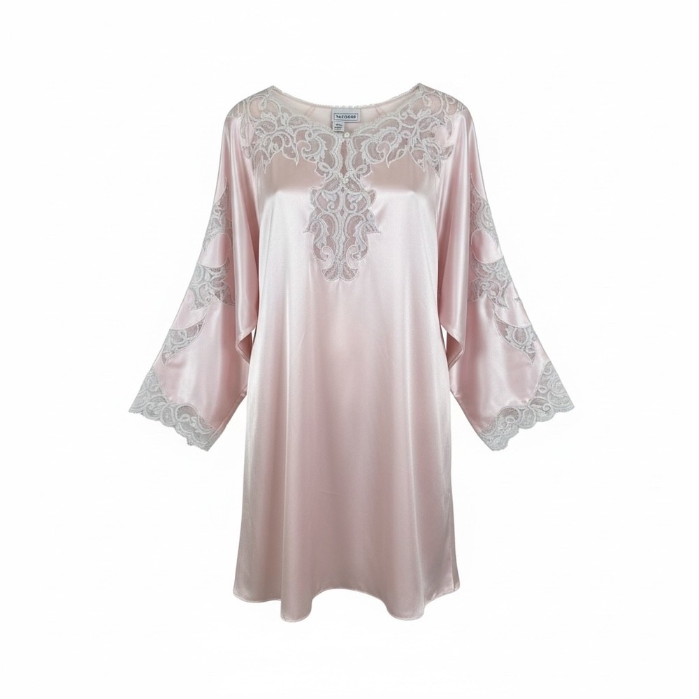 Natori Neiman Marcus Pink Satin Lace Nightgown Kimono Sleeve Vintage Chemise